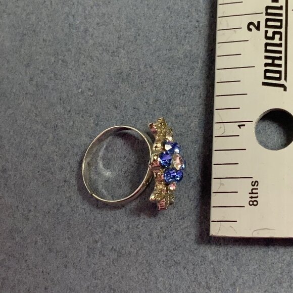 Adjustable Flower Ring Size 7+ Silver Blue Rhinestone Sparkly Leaves Bling Glam - Picture 5 of 5